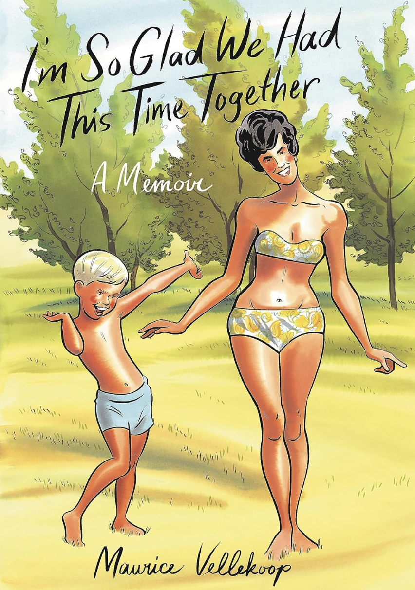 A book cover illustration shows a woman in a bikini and a small boy dancing next to her.