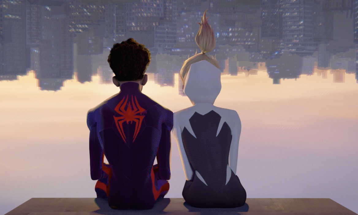 An illustration of two small figures sitting on a bench. In the distance, a city skyline can be seen upside down.