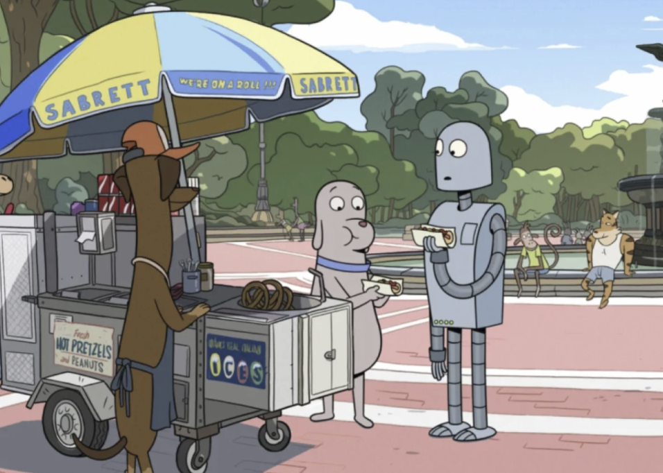 A robot and a dog stand in front of a hotdog cart at a park, holding hot dogs.