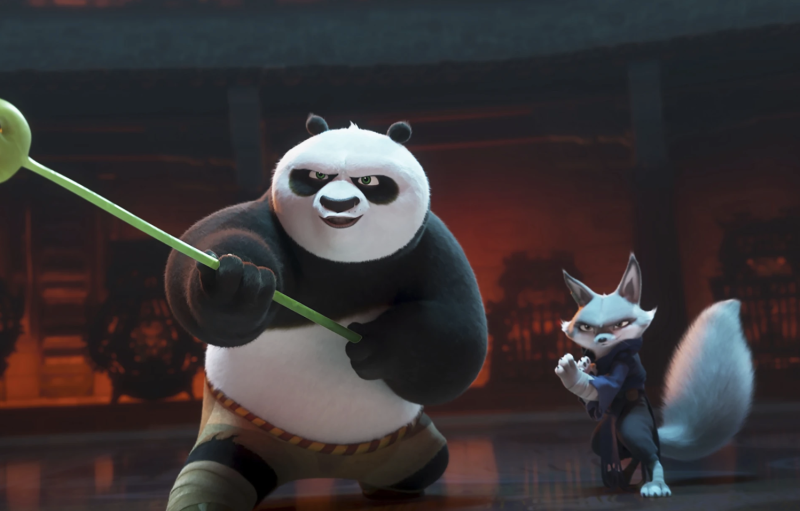 A digital illustration of a big panda and tiny fox, both adopting fight stances.