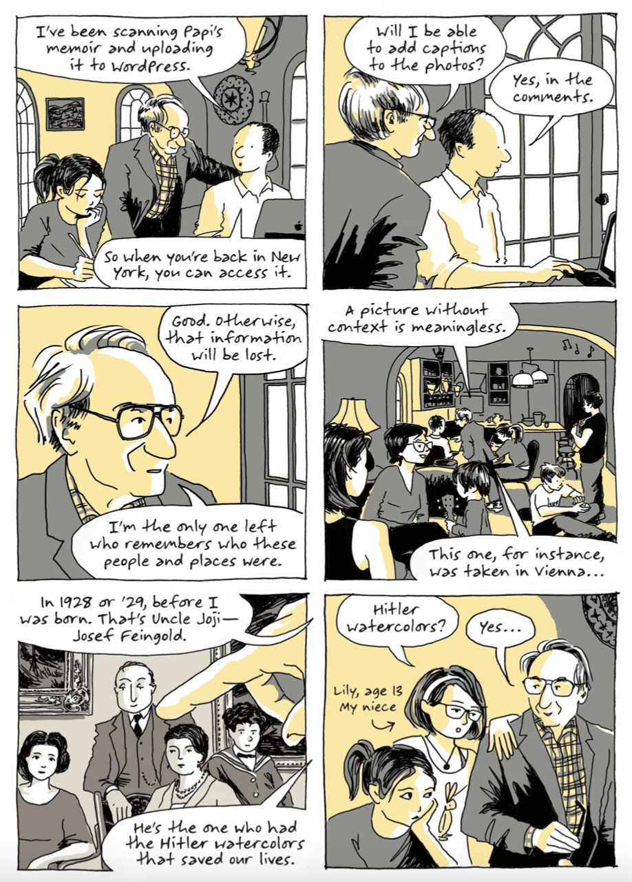 A page of illustrated panels depicting family members discussing their history in Nazi Germany.