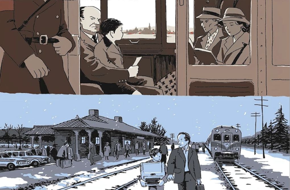 The cover of a graphic memoir featuring a family traveling on an old steam train.
