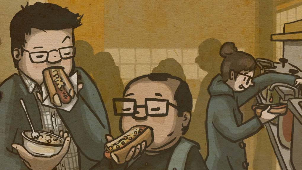 Illustration of two men eating hot dogs standing up, inside the hot dog shop. Behind them, a woman adds ketchup to her hot dog.
