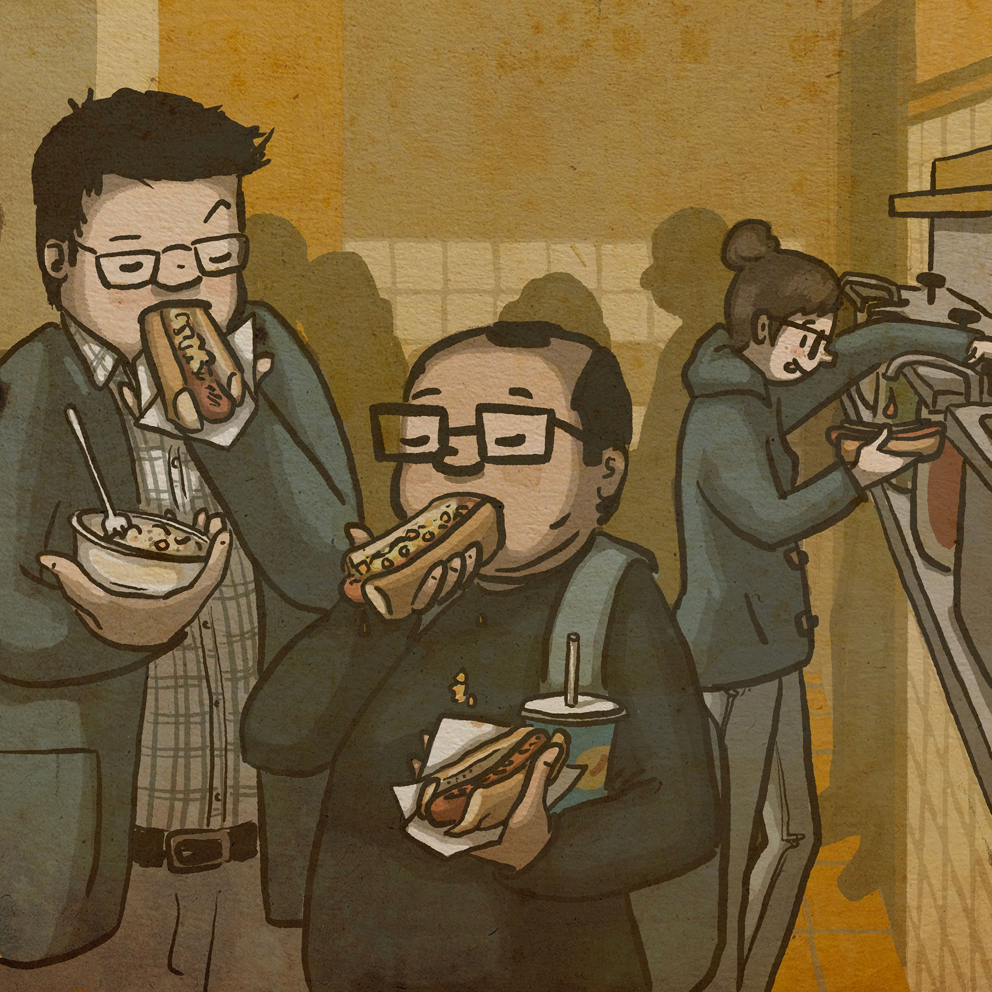 Illustration of two men eating hot dogs standing up, inside the hot dog shop. Behind them, a woman adds ketchup to her hot dog.