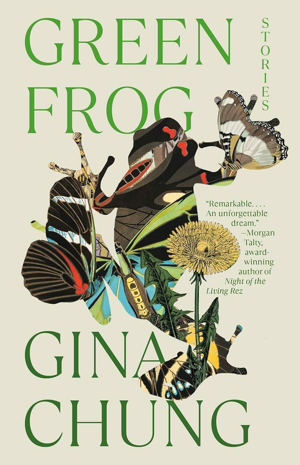 Book cover that includes an abstract, patchwork illustration of a frog and flowers.