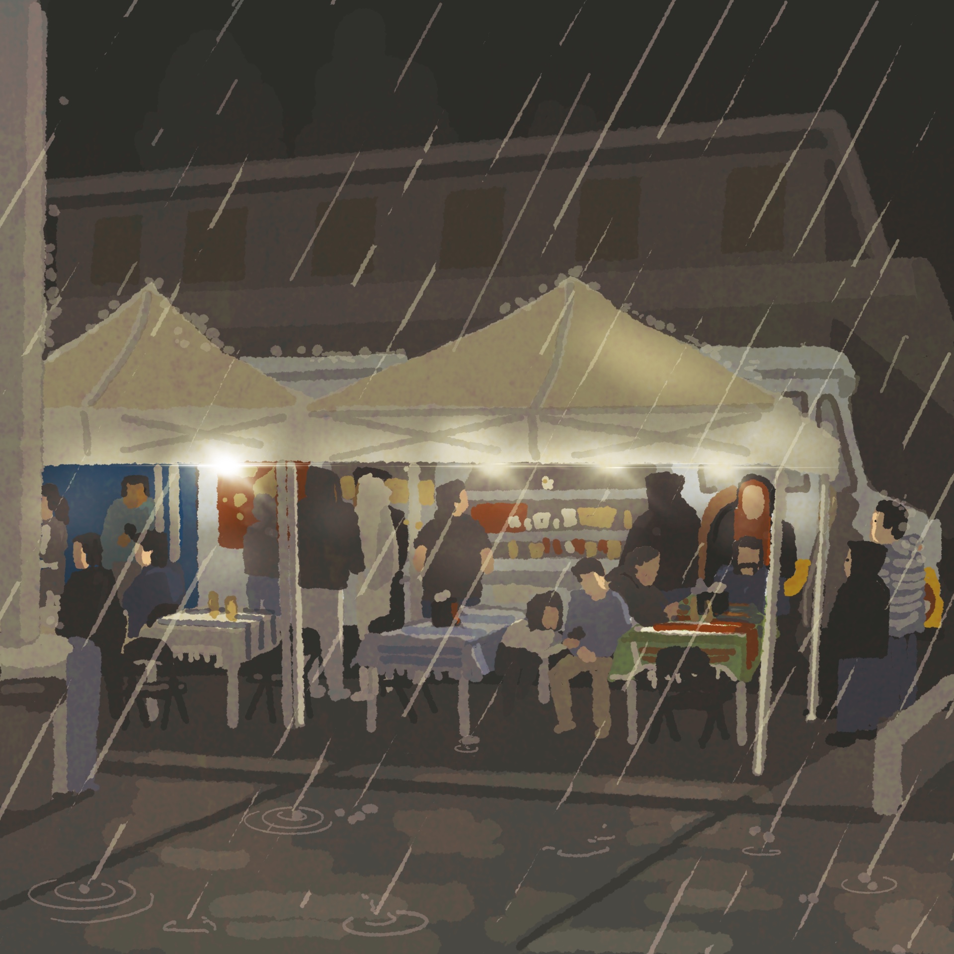 Illustration: Diners sit at folding tables set up under a white tent on a drizzly night while others line up outside a taco truck to order their food.