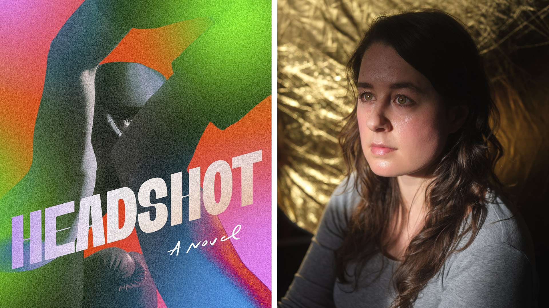 The 'Headshot' book cover features abstracted forms of boxers, next to a portrait of the author.