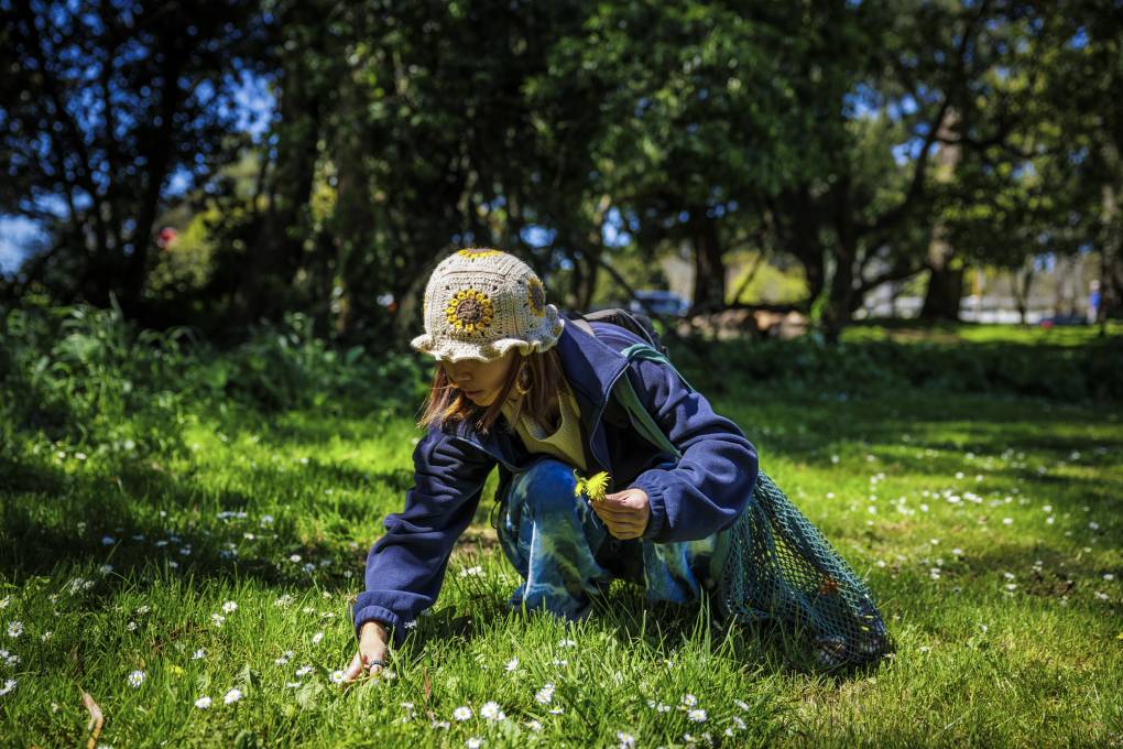 A young Asian American woman in a knitted hat and blue jacket is picking flowers in a field of grass.