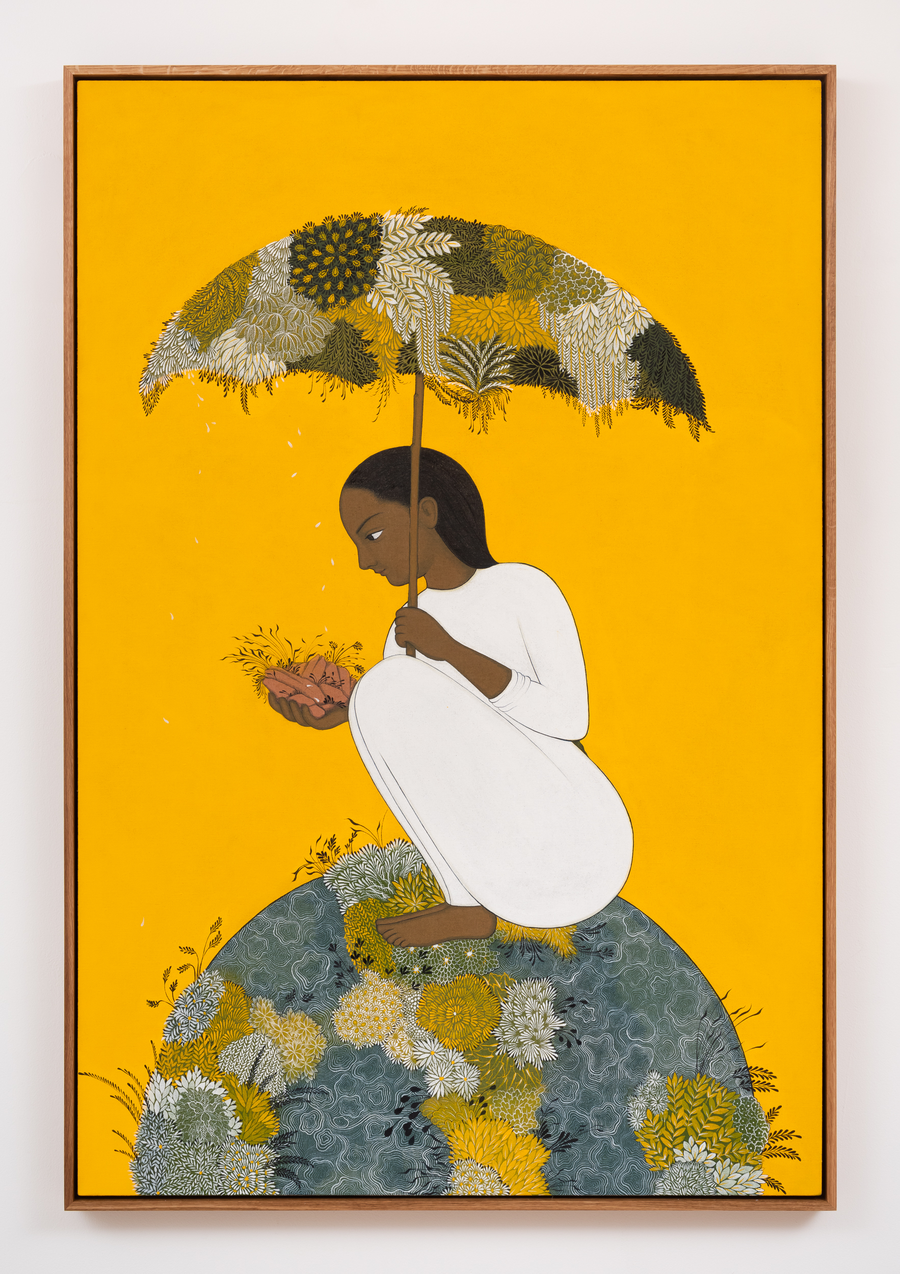painting of white-clad person under greenery covered umbrella perched on globe