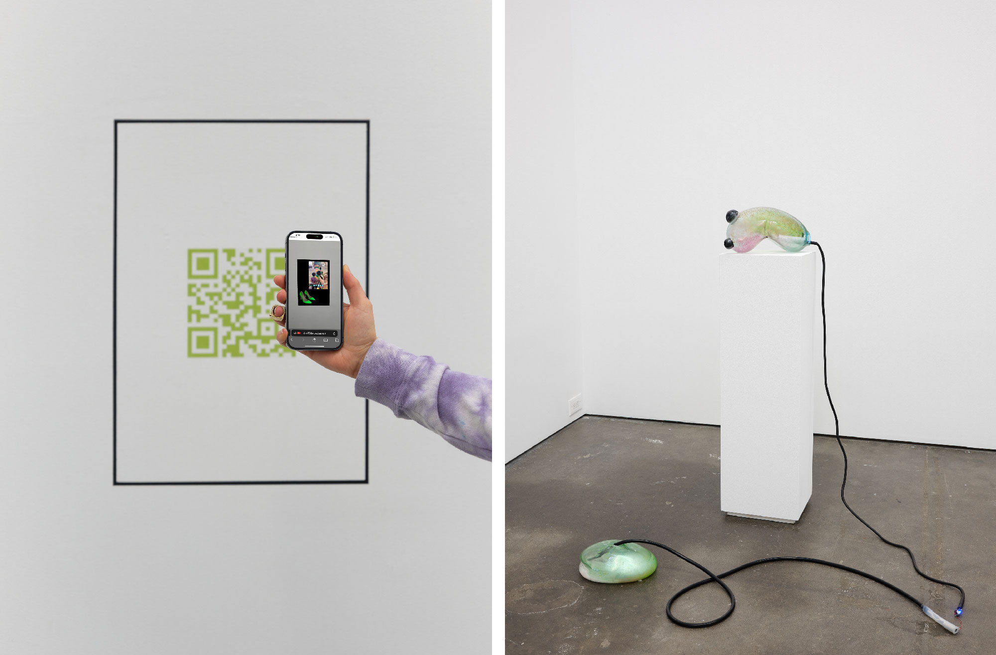 L: Image of hand holding phone in front of QR code, showing video on screen; R: blown glass on pedestal connected to glass on floor through black tube