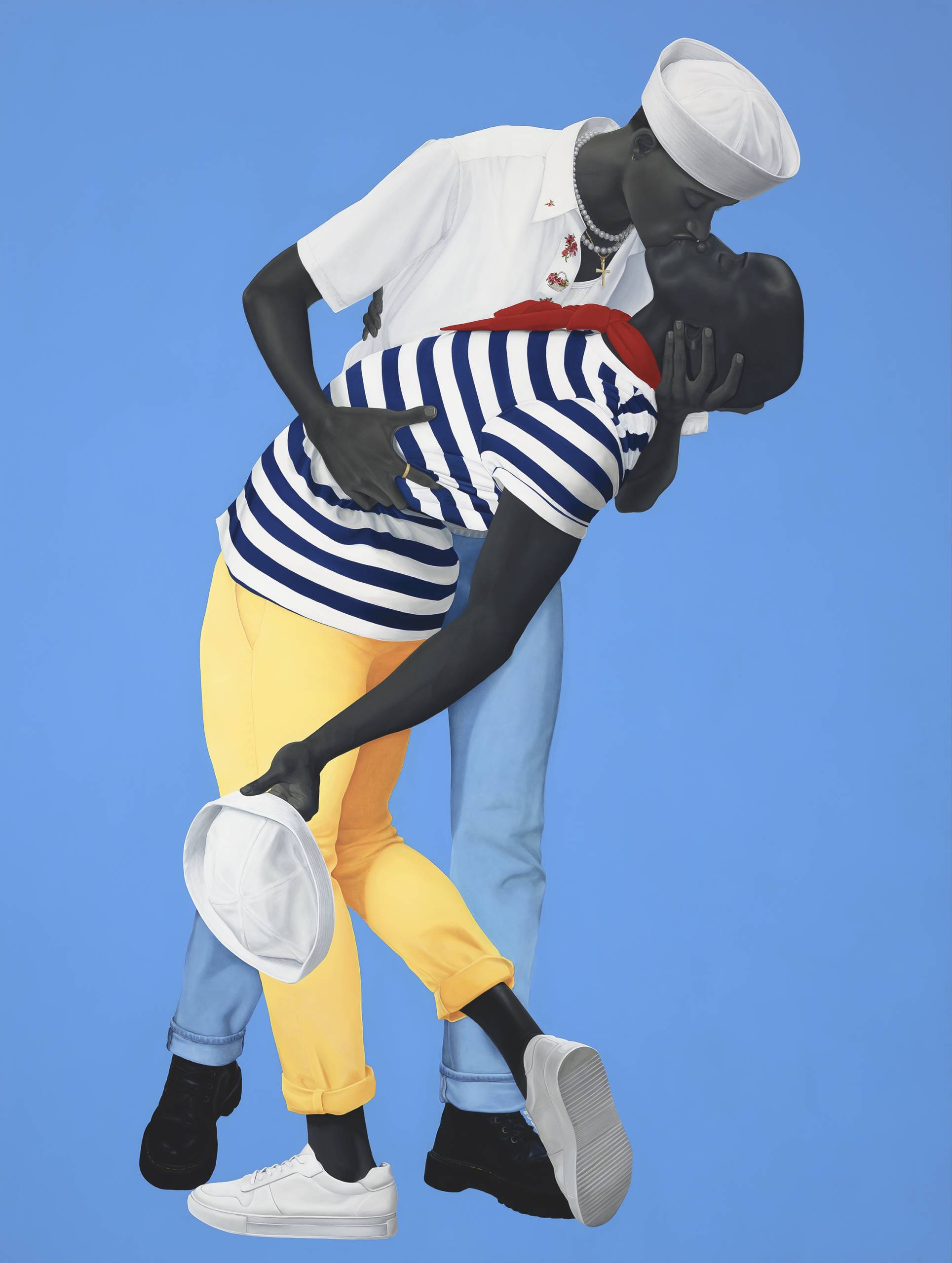 Two grayscale figures kiss in dramatic pose wearing sailor-like clothes against blue background