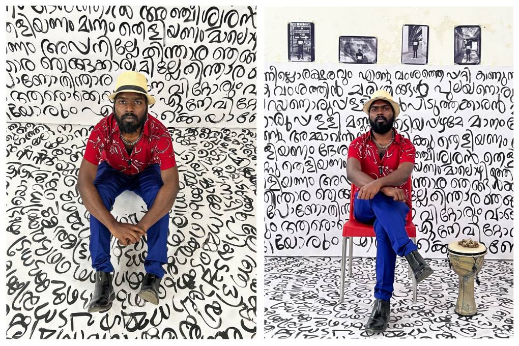 Side by side photos of a man in a red shirt and white hat against of wall and floor covered in black writing.