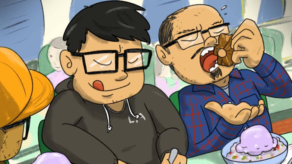 Illustration of three men devouring halo-halo and other Filipino food at a diner counter.