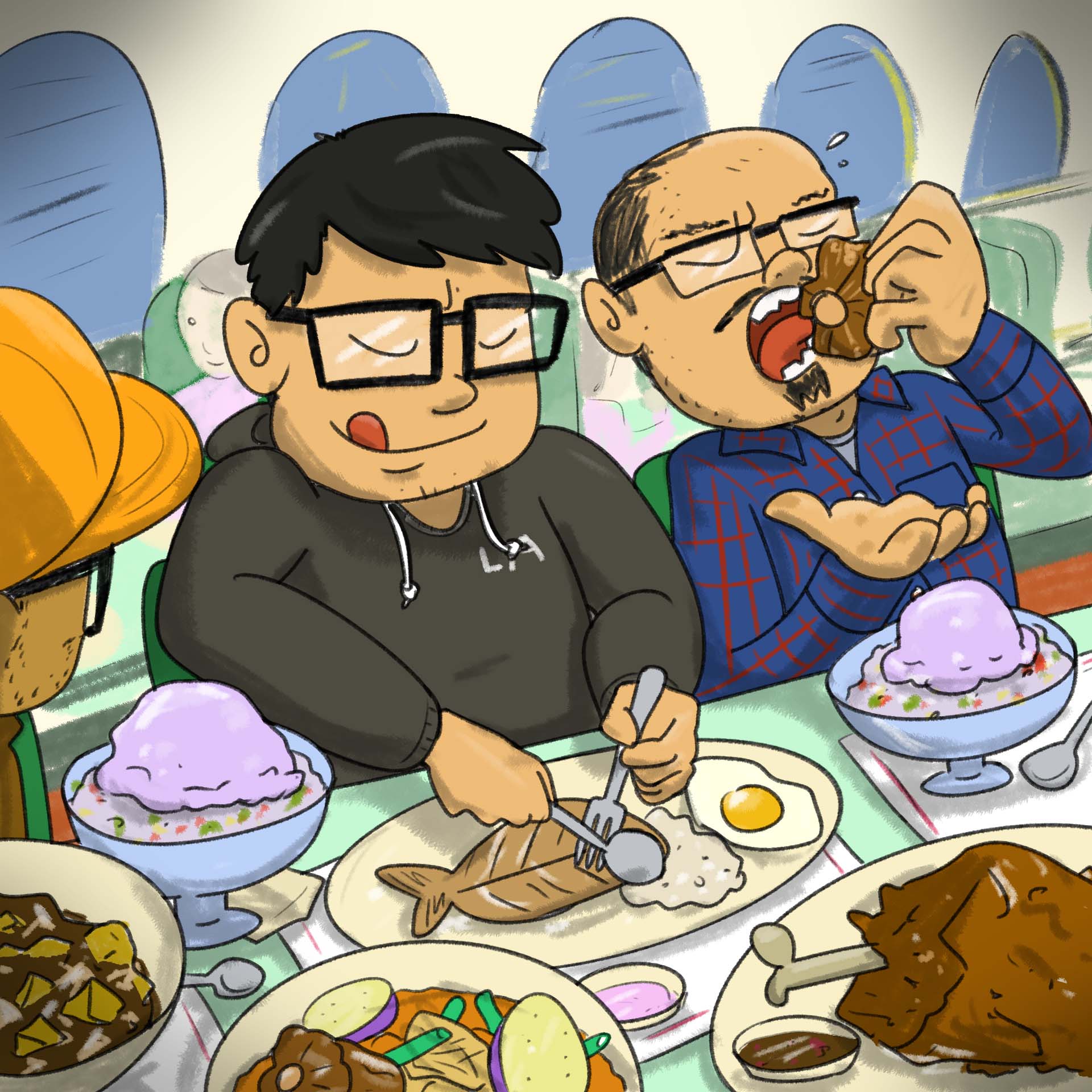 Illustration of three men devouring halo-halo and other Filipino food at a diner counter.