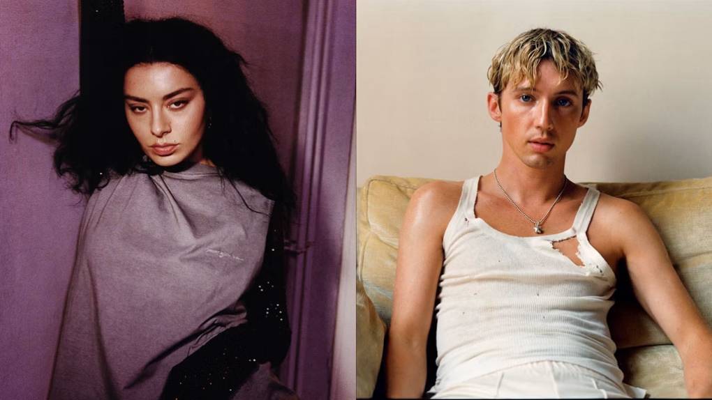 A young woman dressed in purple with long black hair appears in a diptych with a young man in a white tank top.