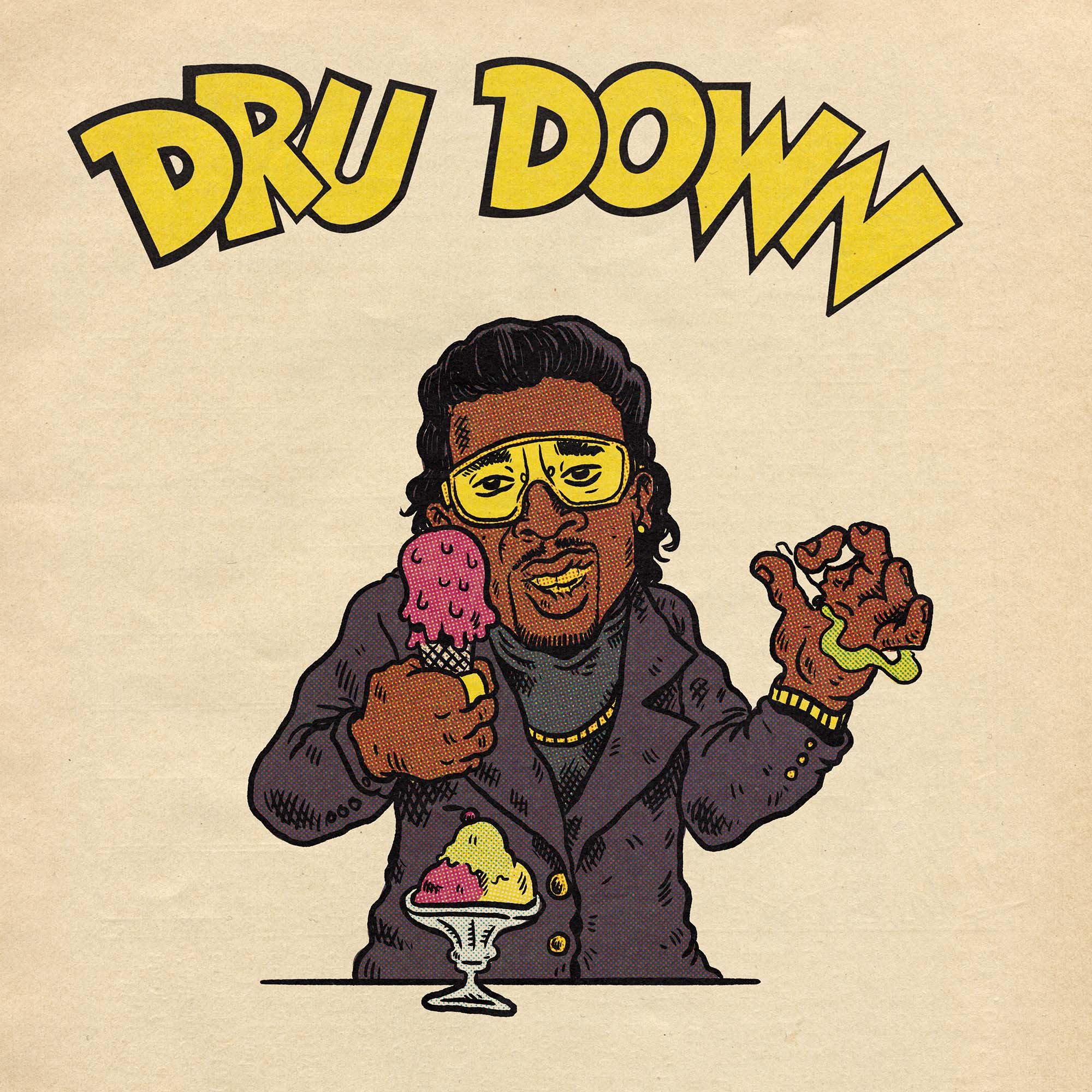 Illustration of the rapper Dru Down in gold sunglasses and a black trench coat, holding an ice cream cone in one hand and an ice cream sundae on the table in front of him.
