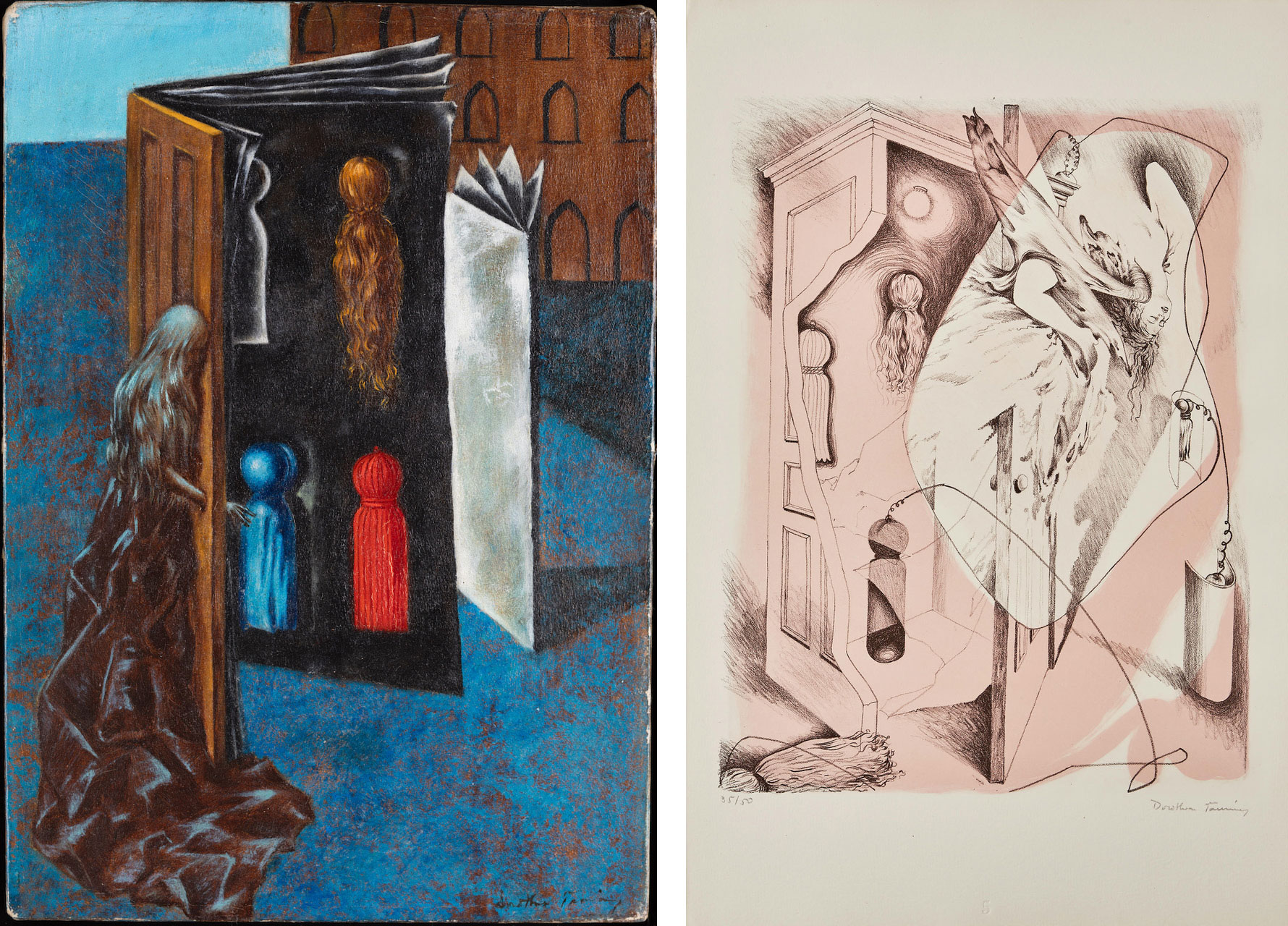Two images, one a painting of woman reaching hand through doorknob, the other print of a woman hanging upside down