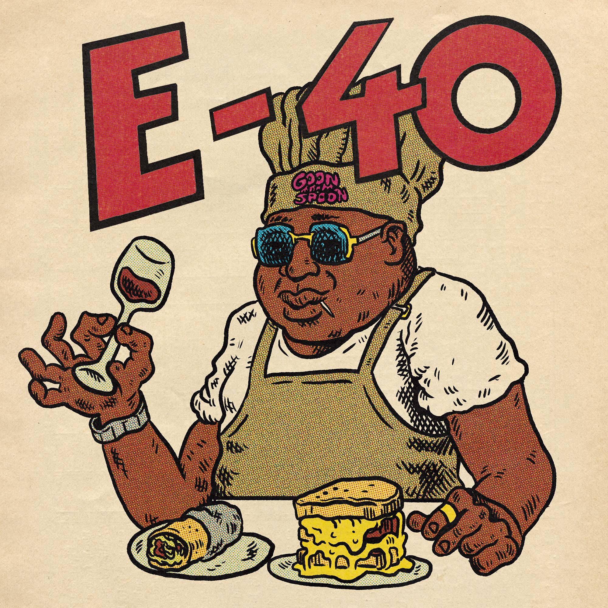 Illustration of the rapper E-40 in sunglasses and a beige apron, holding a glass of red wine. In front of him are a burrito and a grilled cheese sandwich.