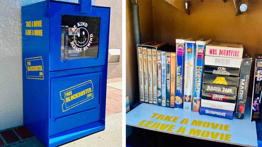 a refurbished news stand is displayed with old VHS tapes and DVDs inside