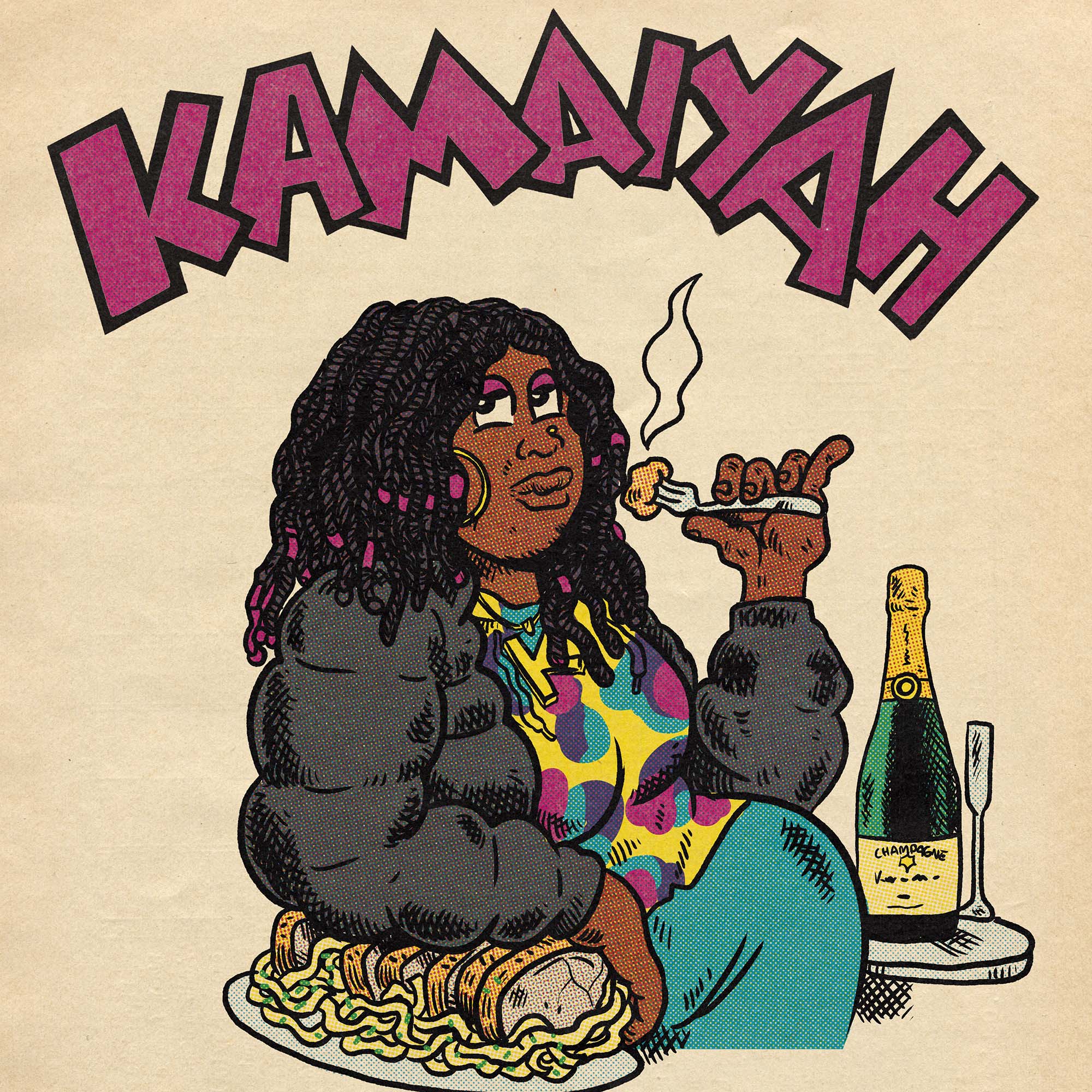 Illustration of the rapper Kamaiyah eating from a plate of chicken alfredo tucked under her arm. Next to her is a bottle of champagne.