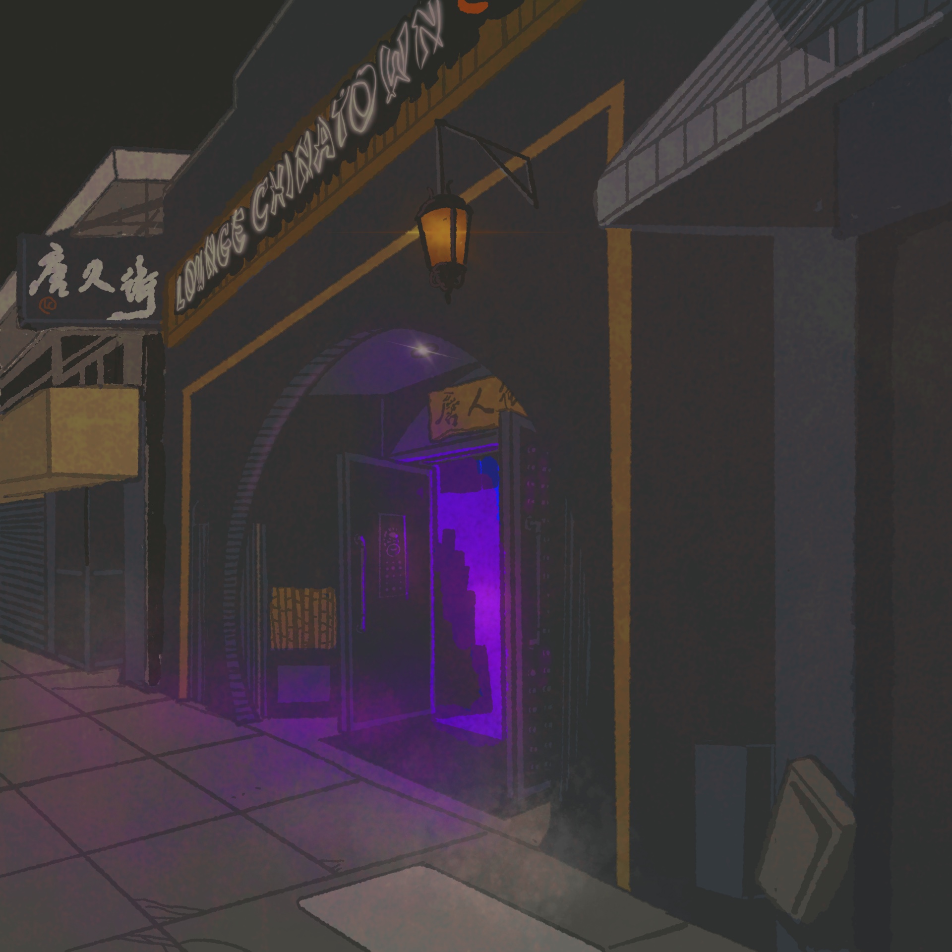 Exterior of a restaurant on a dark street. The sign reads "Lounge Chinatown," and the entrance is suffused in glowing purple light.