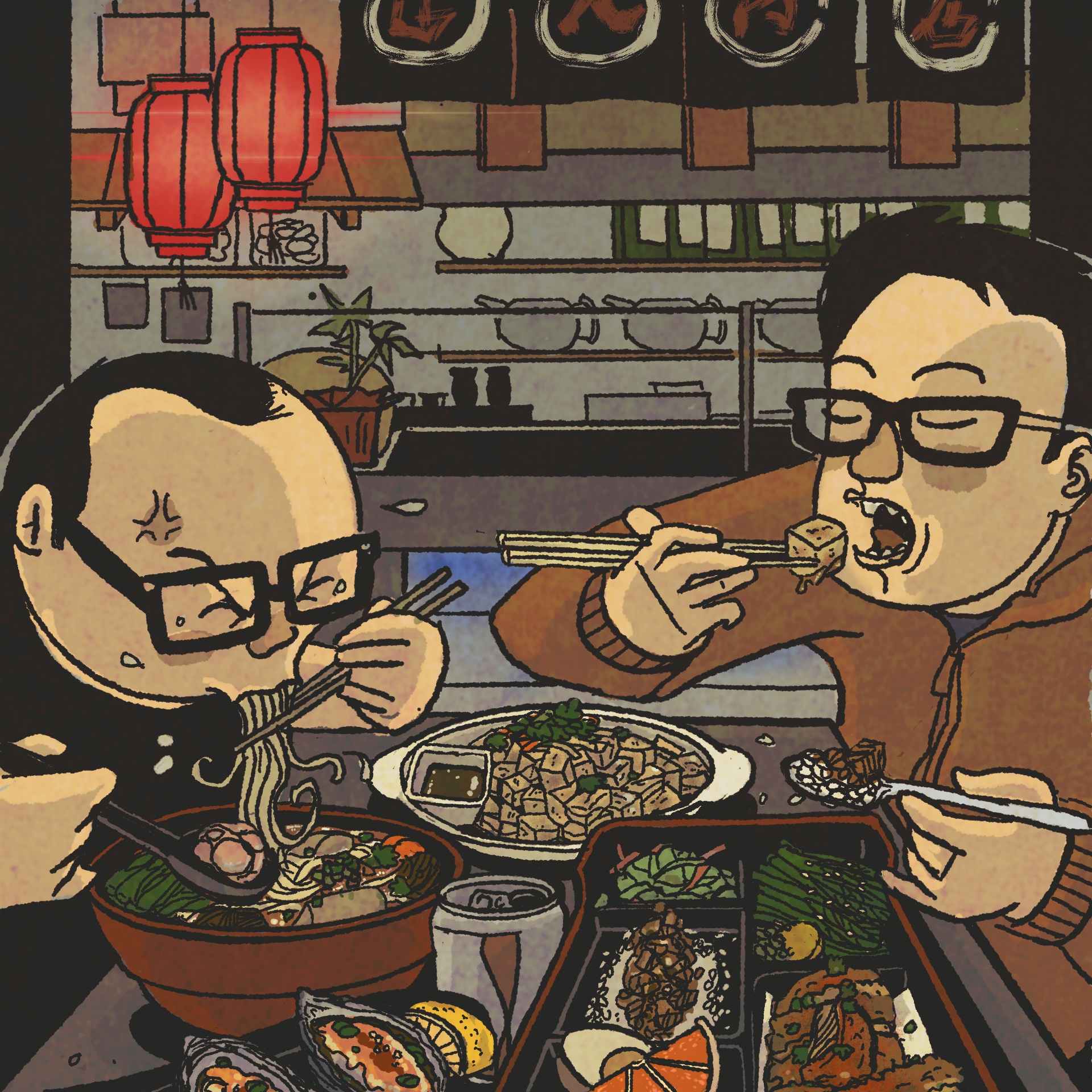 Two men devouring a bowl of soup noodles and a plate of fried tofu, with chopsticks in their hands.