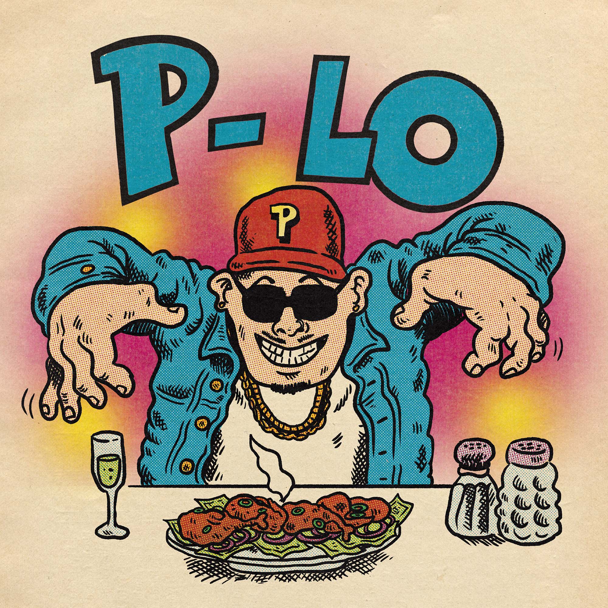 The rapper P-Lo wiggles his fingers in delight over a plate of chicken wings sitting on a bed of dollar bills.