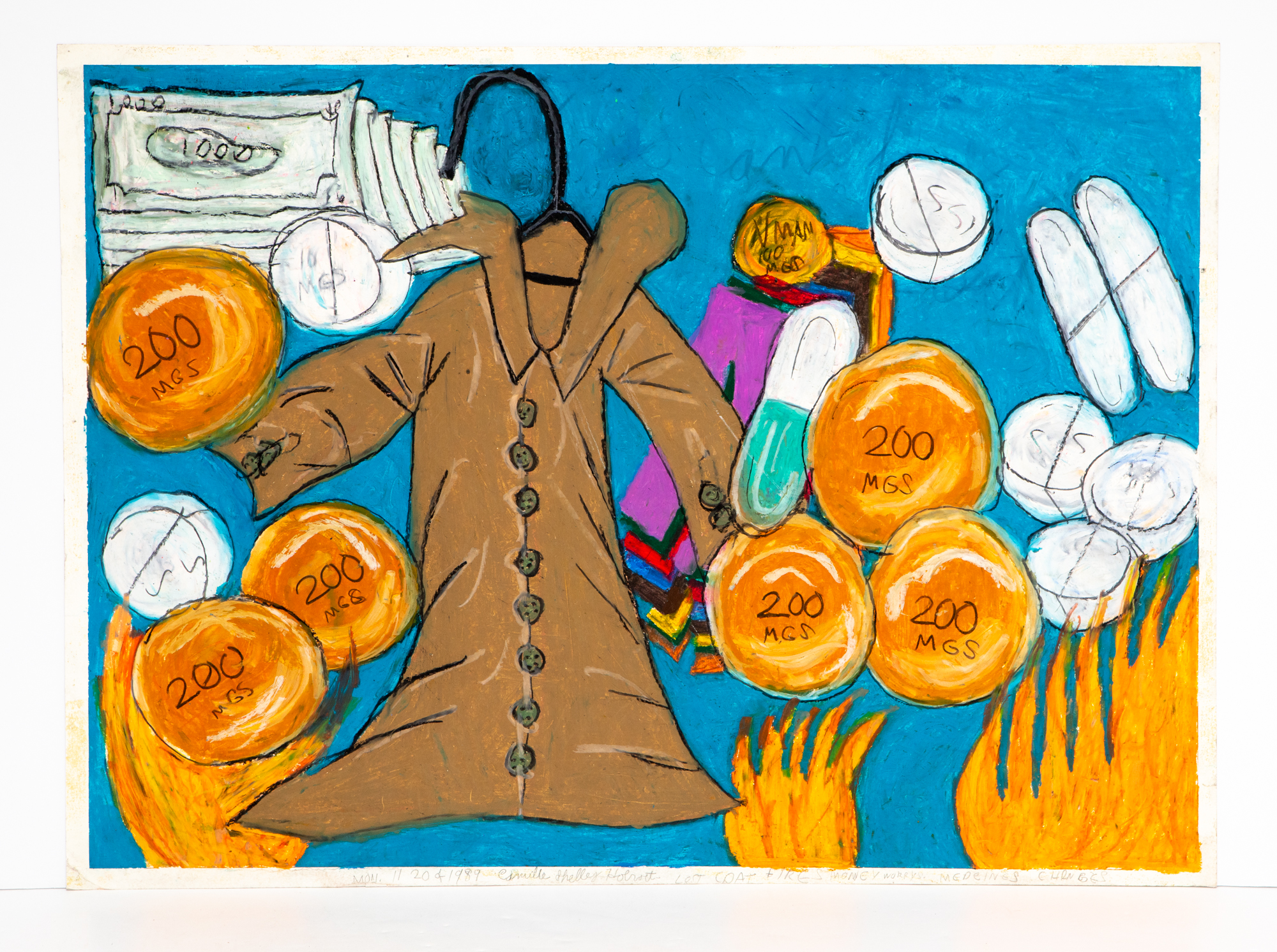 Drawing of pills, money, coal and flames