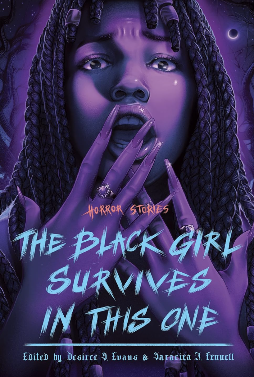 A book cover featuring an illustration of a young Black woman with long braids holding her manicured hands up to her mouth in horror.