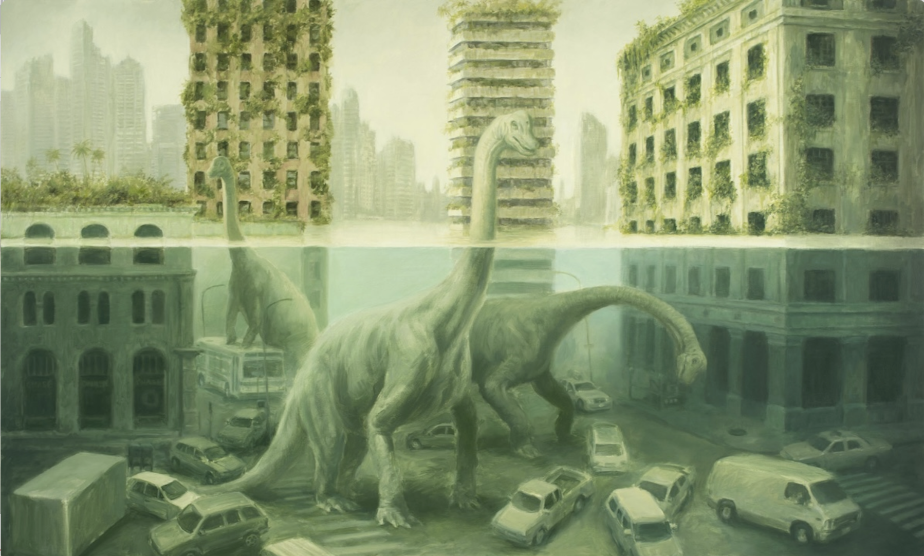 A painting of three long necked dinosaur wading through a flooded city. Under the water, cars are scattered.