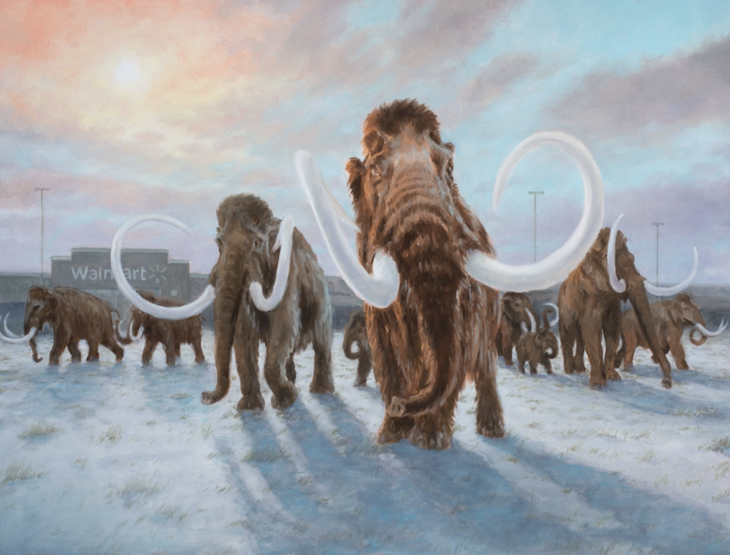 A painting of a group of wooly mammoth congregating outside a Wal-Mart in the snow.