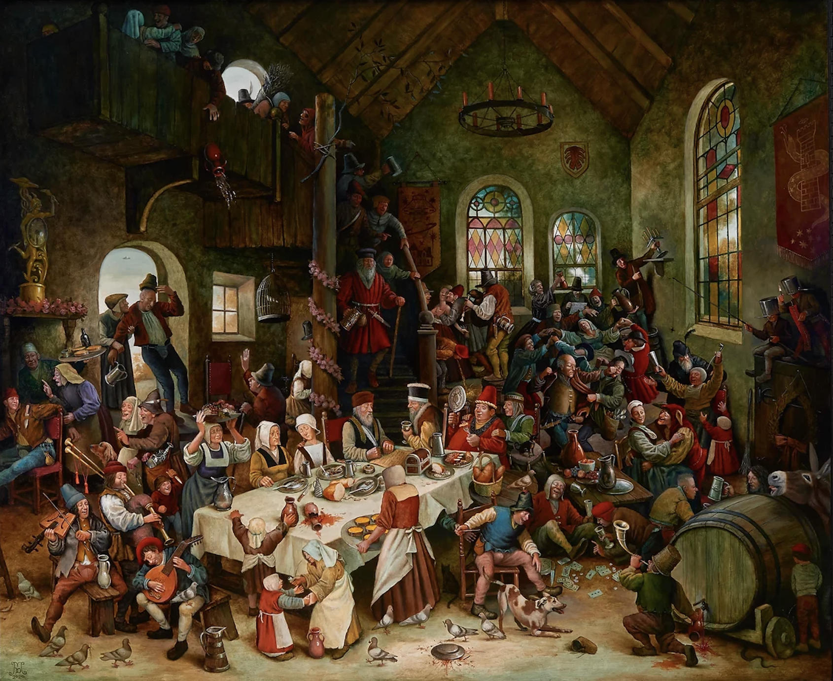 A painting depicting a medieval scene of chaotic revelry.
