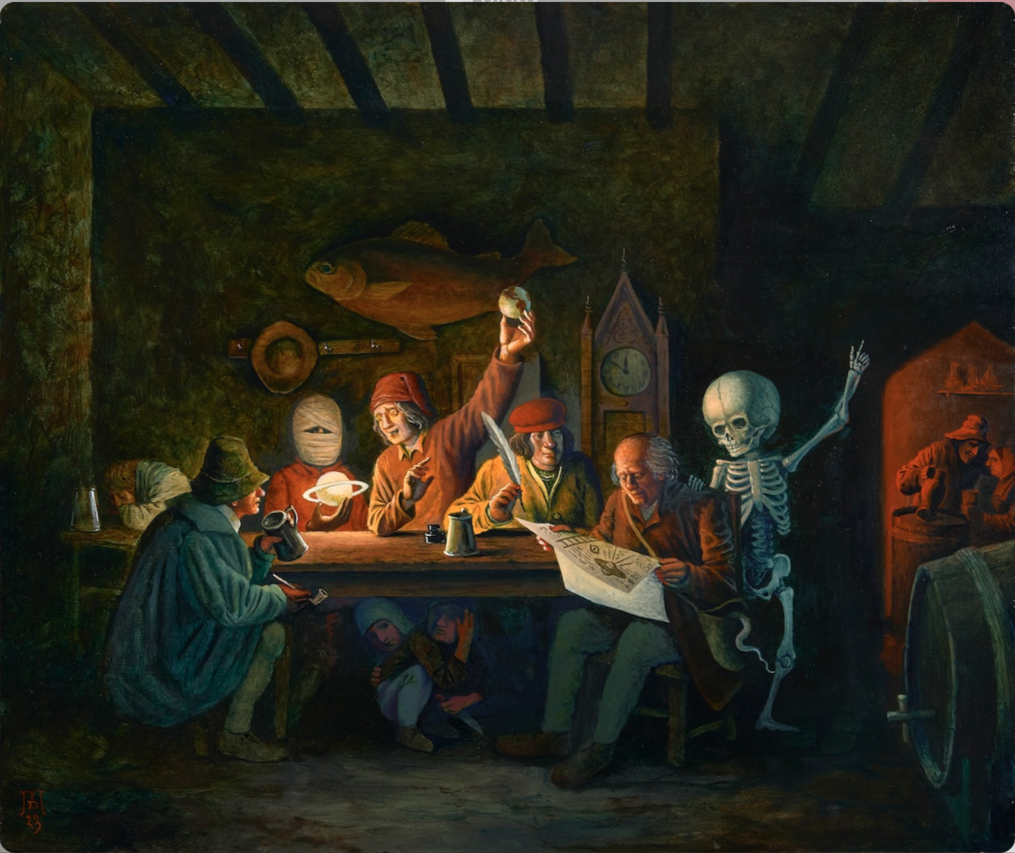 A dark medieval tavern with gathered drinkers. One, with a bandaged face, holds a glowing model of Saturn. Another sits in front of a waving skeleton with oversized head.