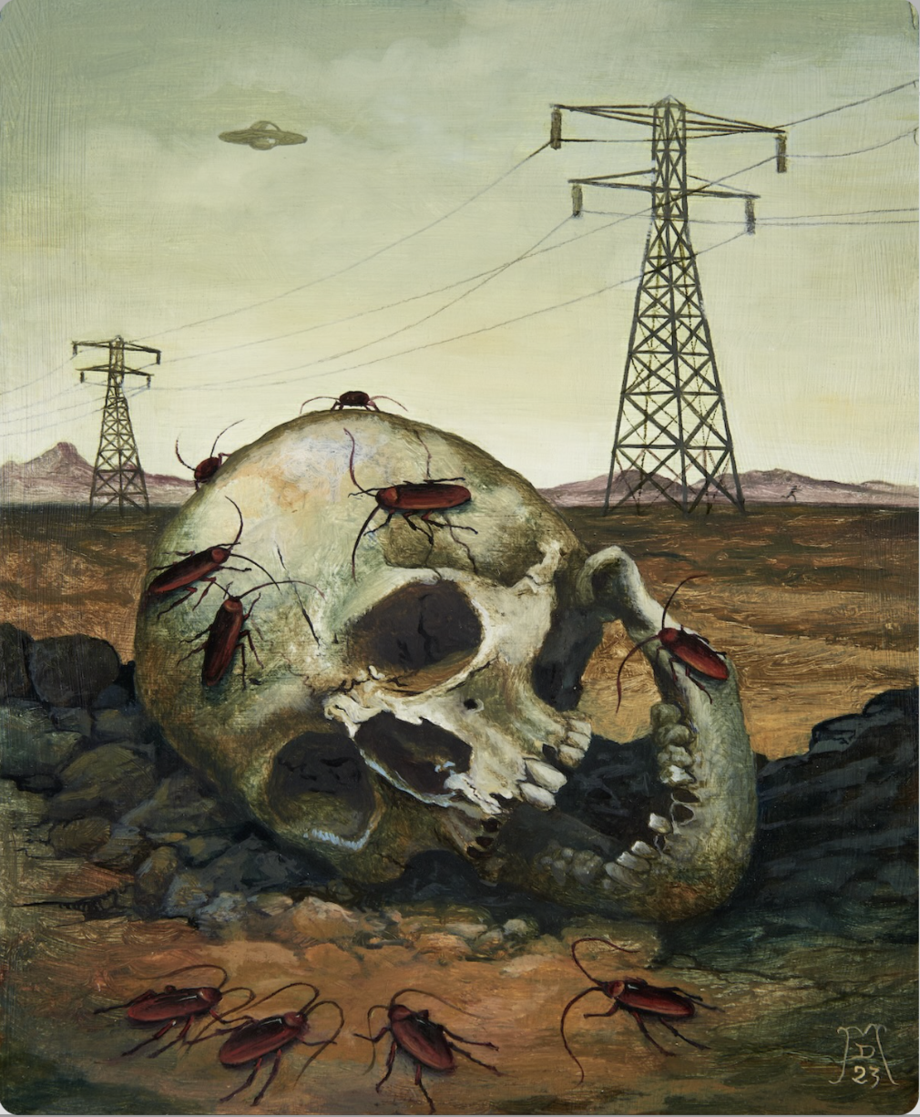 A human skull lies on its side in the dirt, covered in cockroaches. Behind stand two electrical pylons and wires while a flying saucer hovers in the sky.