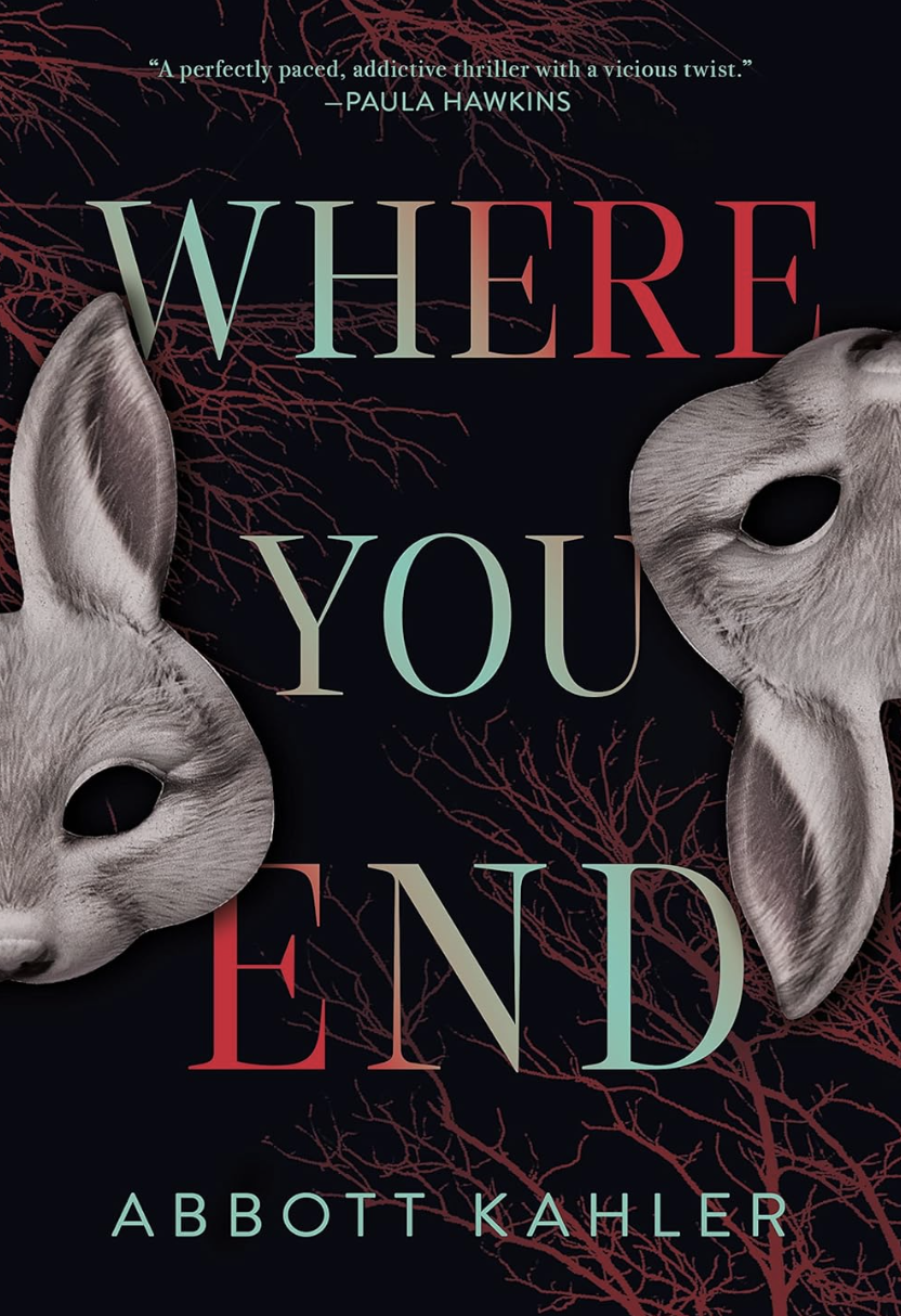 A book cover illustrated with winding bare tree branches and two rabbit masks.