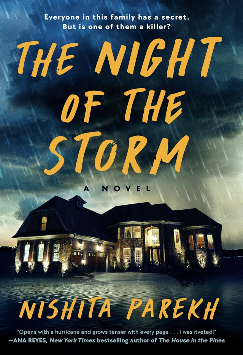 A book cover depicting a large house surrounded by water with a storm raging overhead.