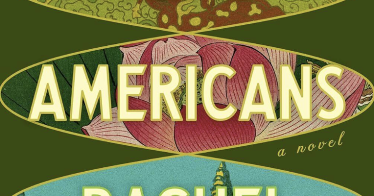 Partial view of a book cover features the word 'Americans’ over an illustration of a pink flower.
