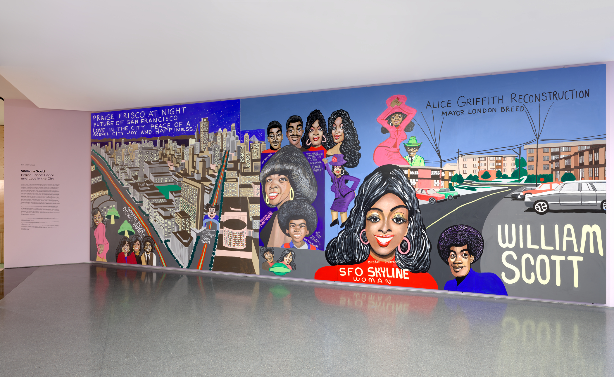 wide mural with detailed city and large figures smiling