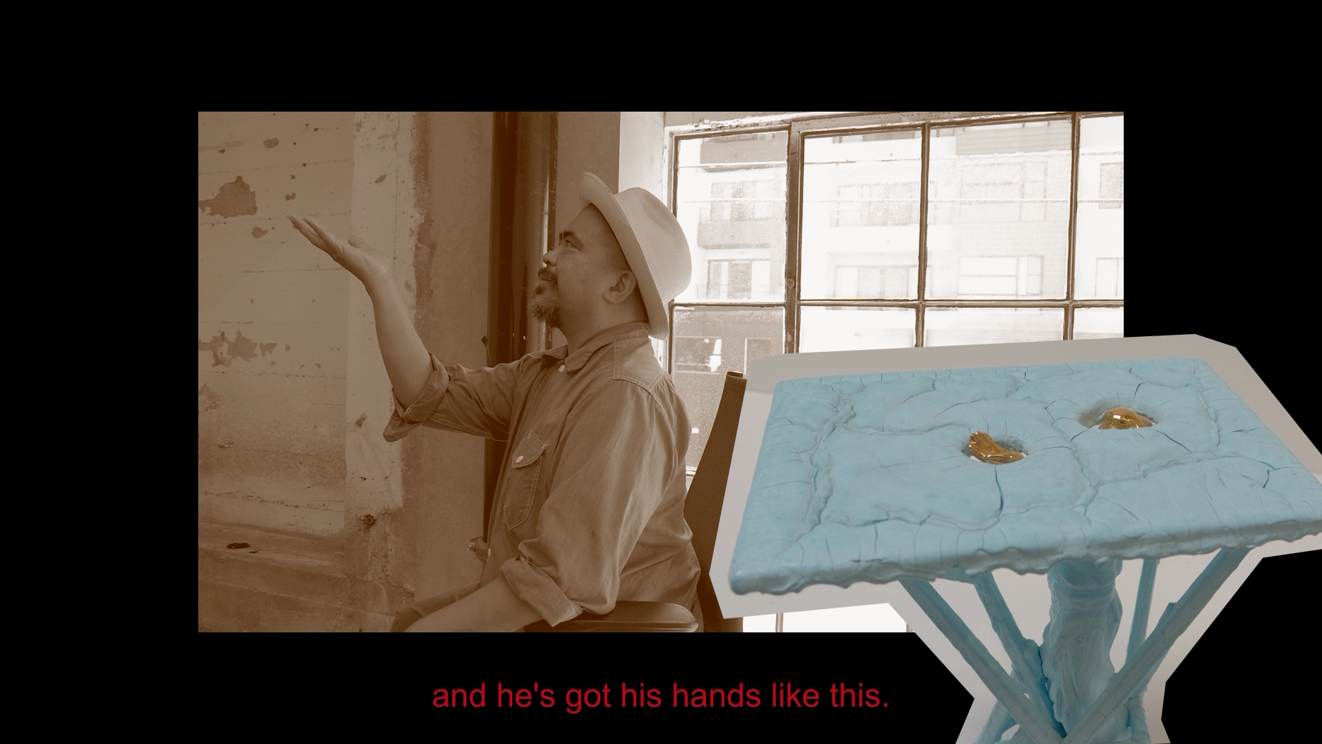 A sepia film still of an artist in his studio with a photo of a sculpture collaged over it.
