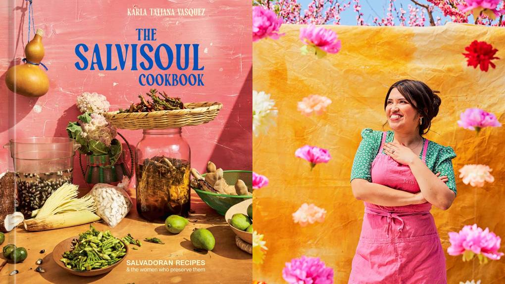 Composite image with the cover of 'The SalviSoul Cookbook' on the left and a portrait of the author, a Latina woman in a pink apron, on the right.