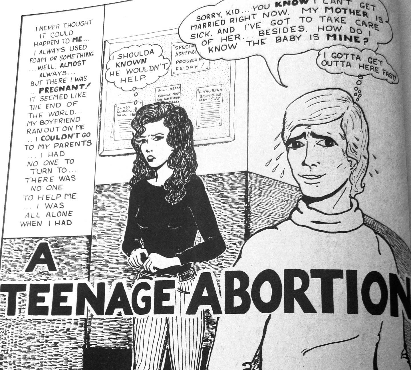 A full page illustration of a worried girl and a man standing nearby. It's titled "A Teenage Abortion."