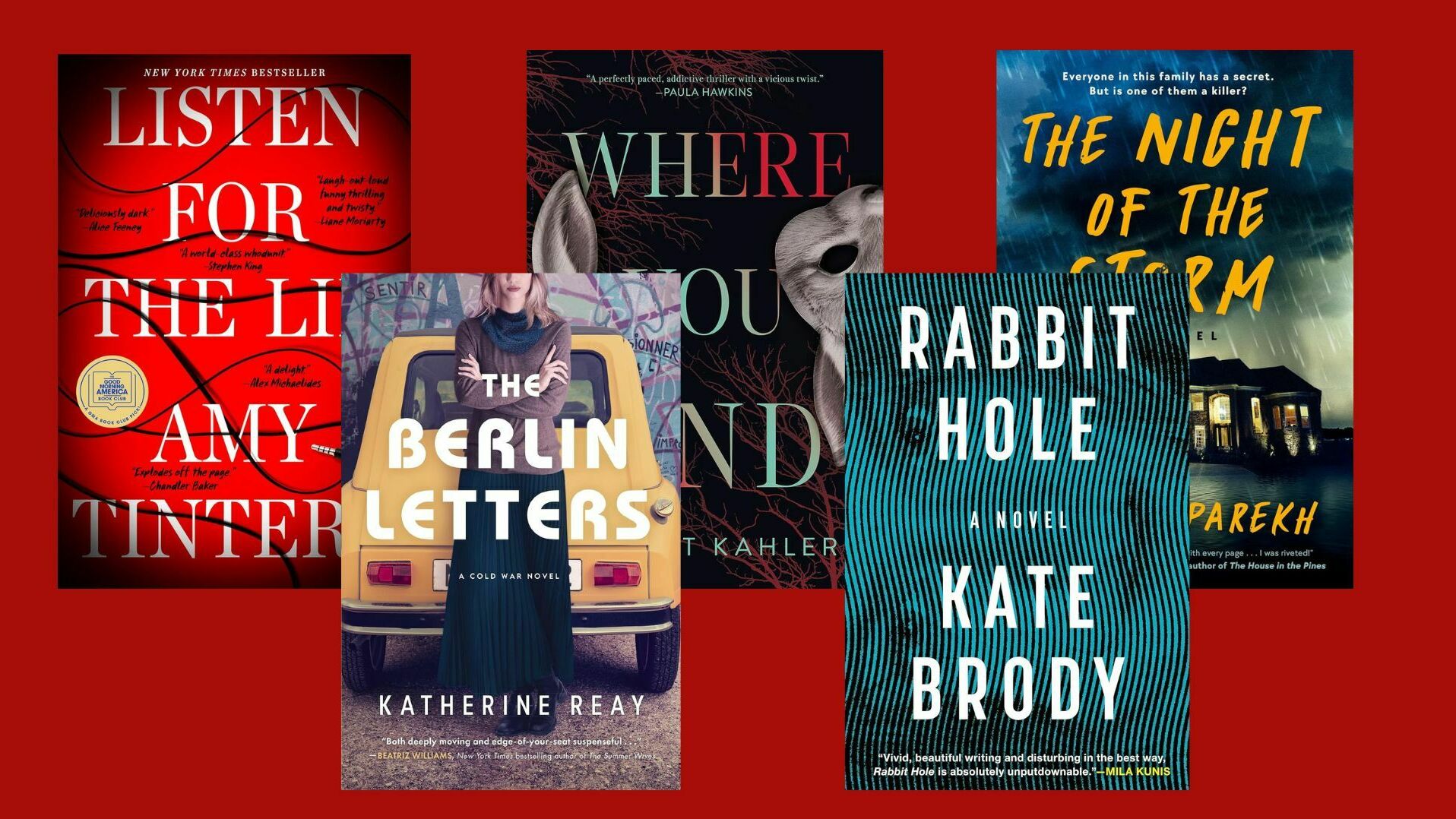 Five book covers laid out flat in two lines — three books in the rear, two in front.