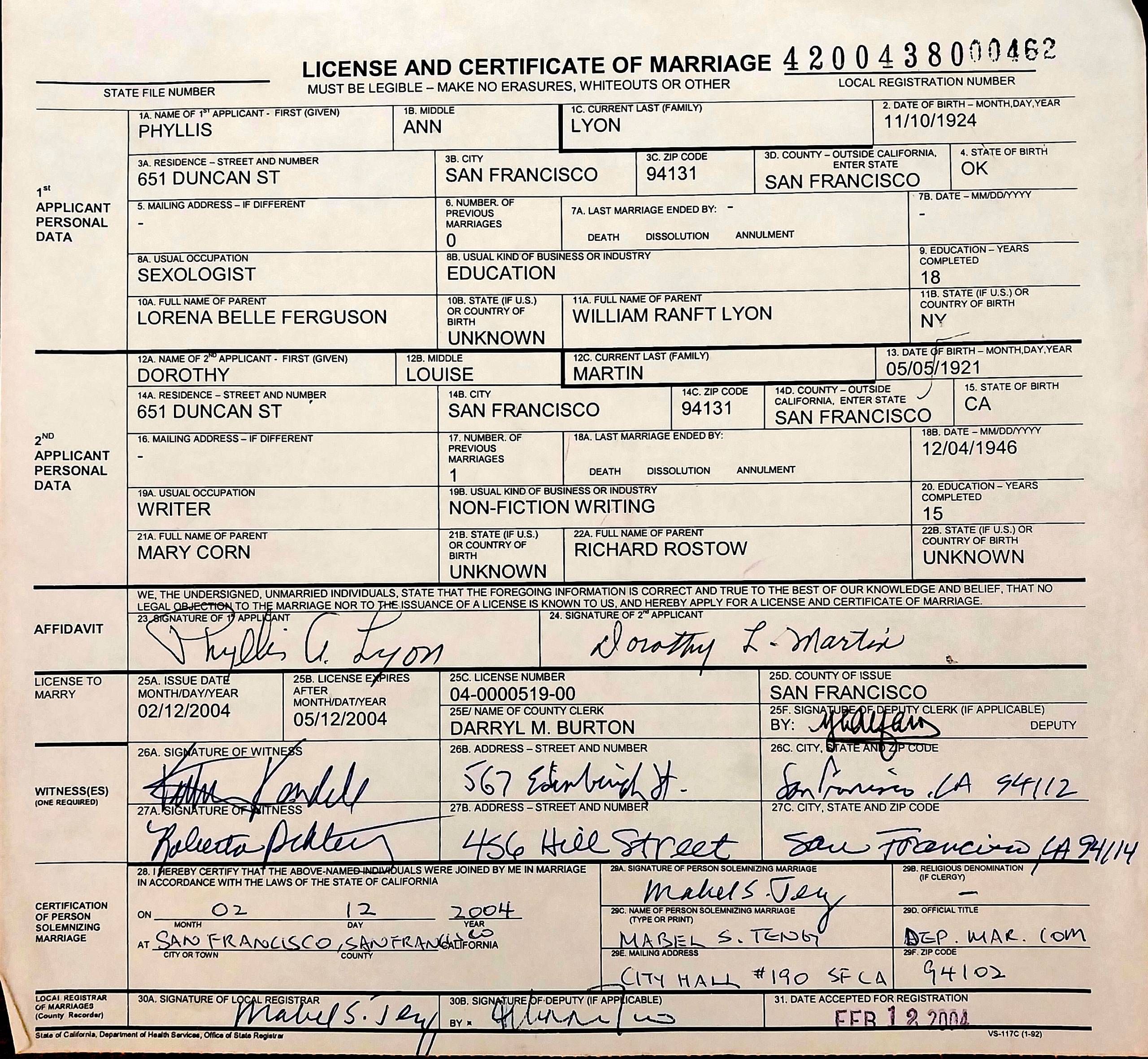 A 2004 San Francisco marriage license.