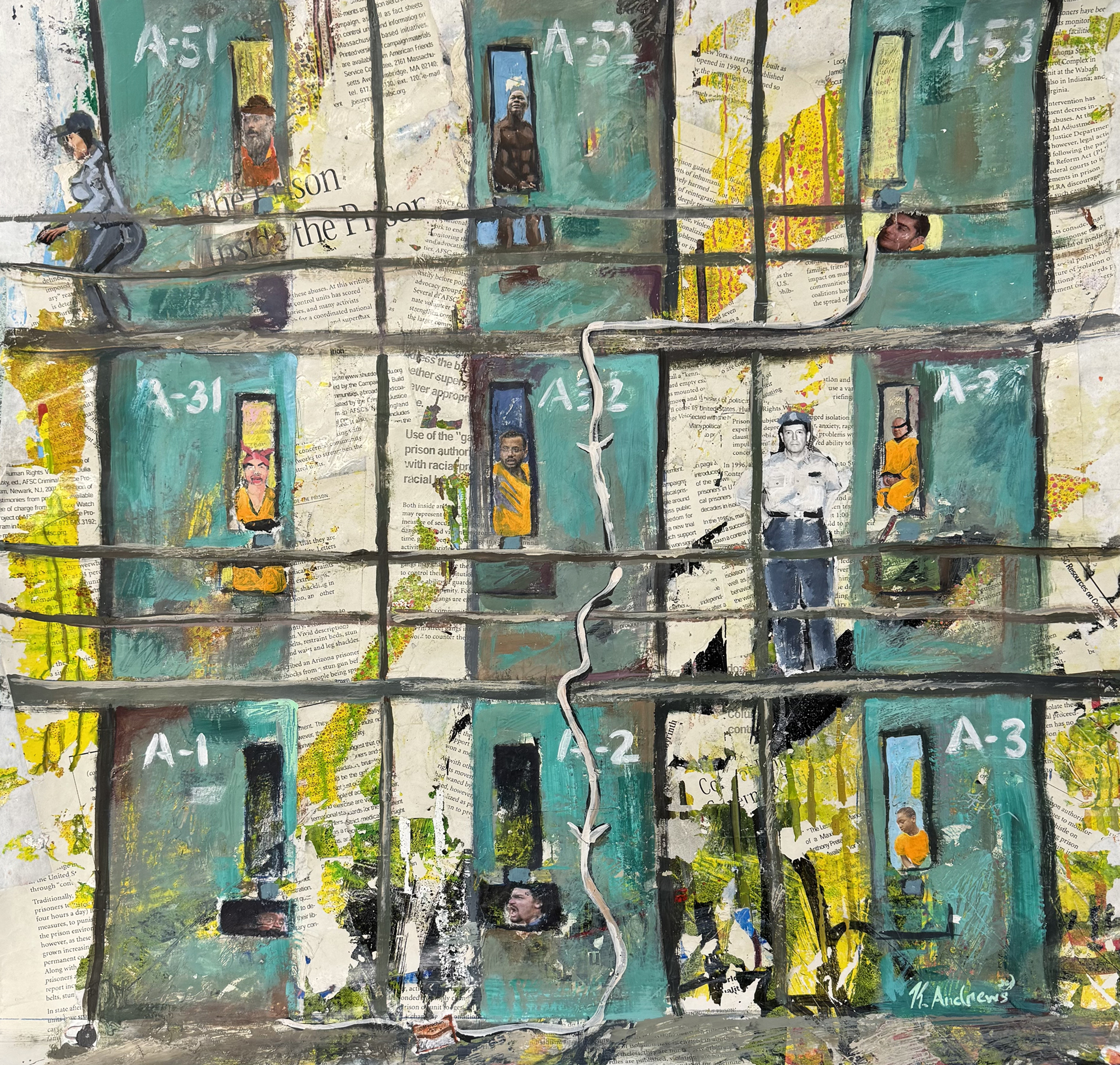 Painting of a cell block with collaged images in windows