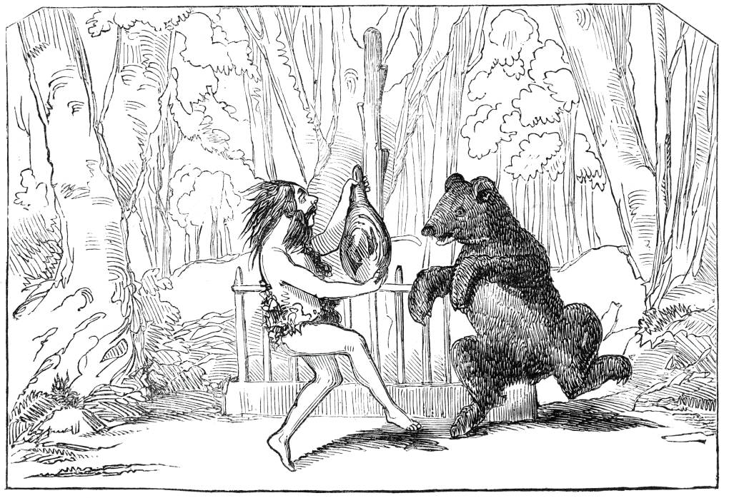 A black and white sketch from 1844 of a strange, mostly nude man dancing with a bear in the forest.