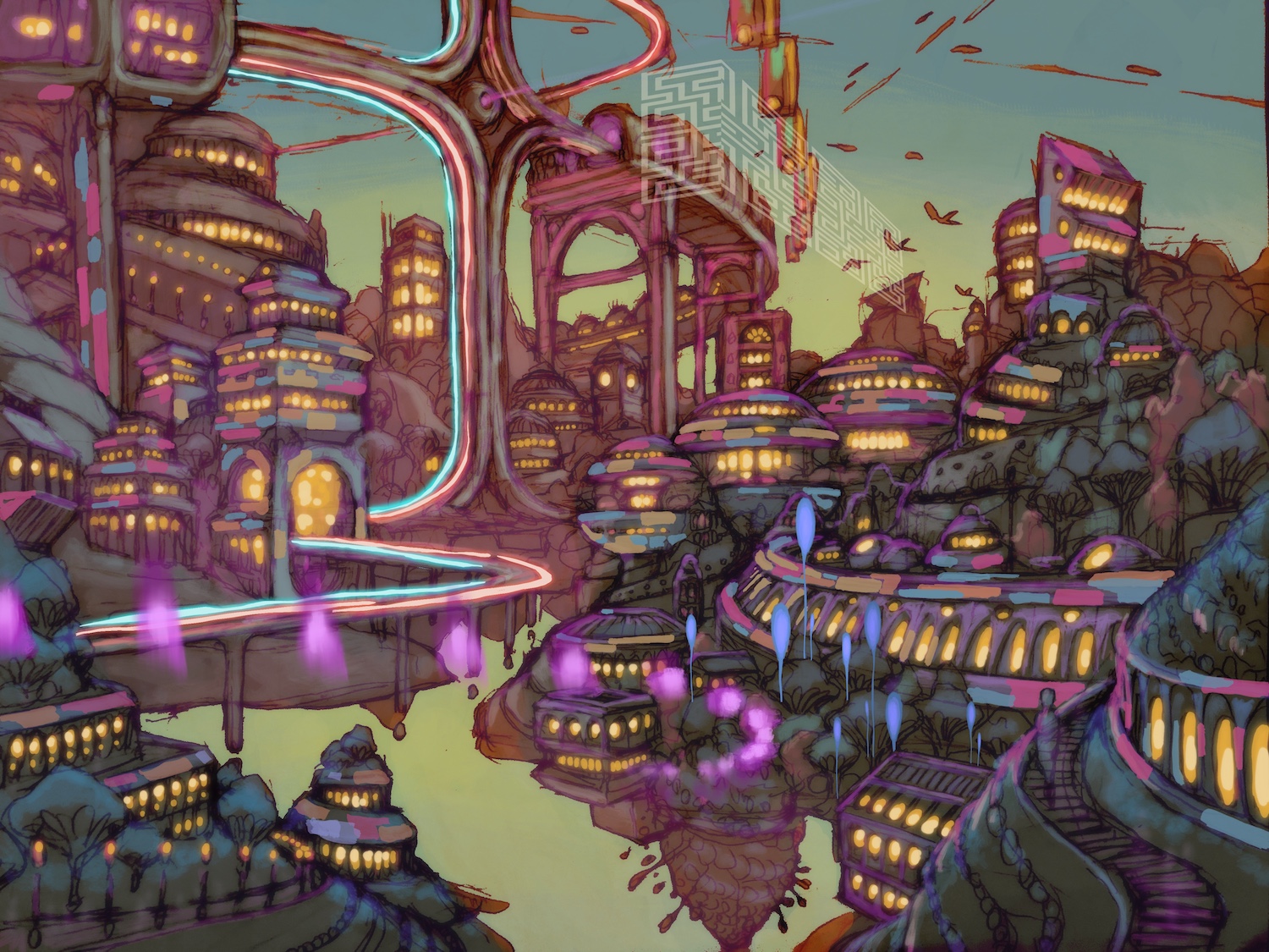 A digital illustration of a sci-fi cityscape.