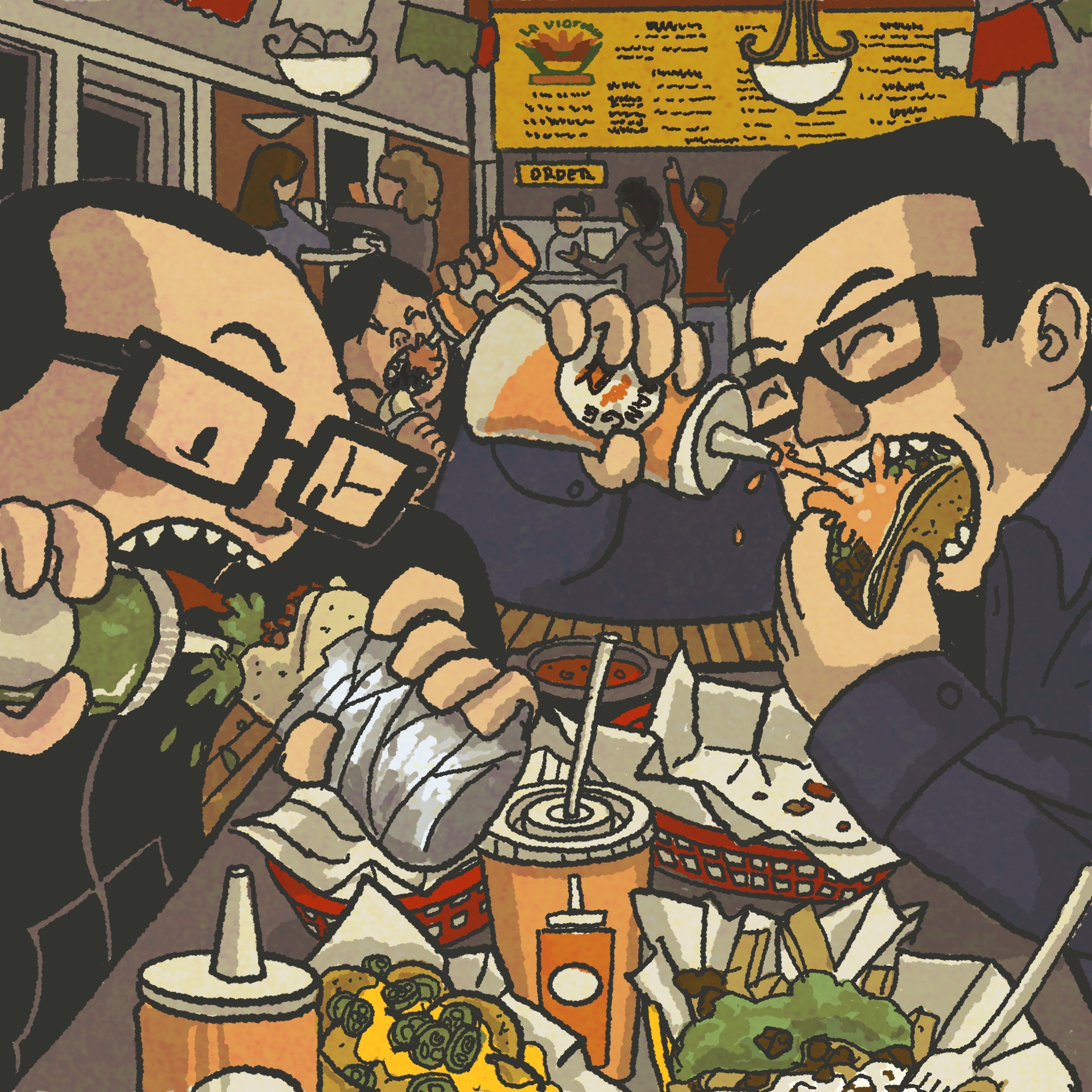 Illustration: Two men devour tacos and burritos while pouring hot sauce from squeeze bottles directly into their mouths.