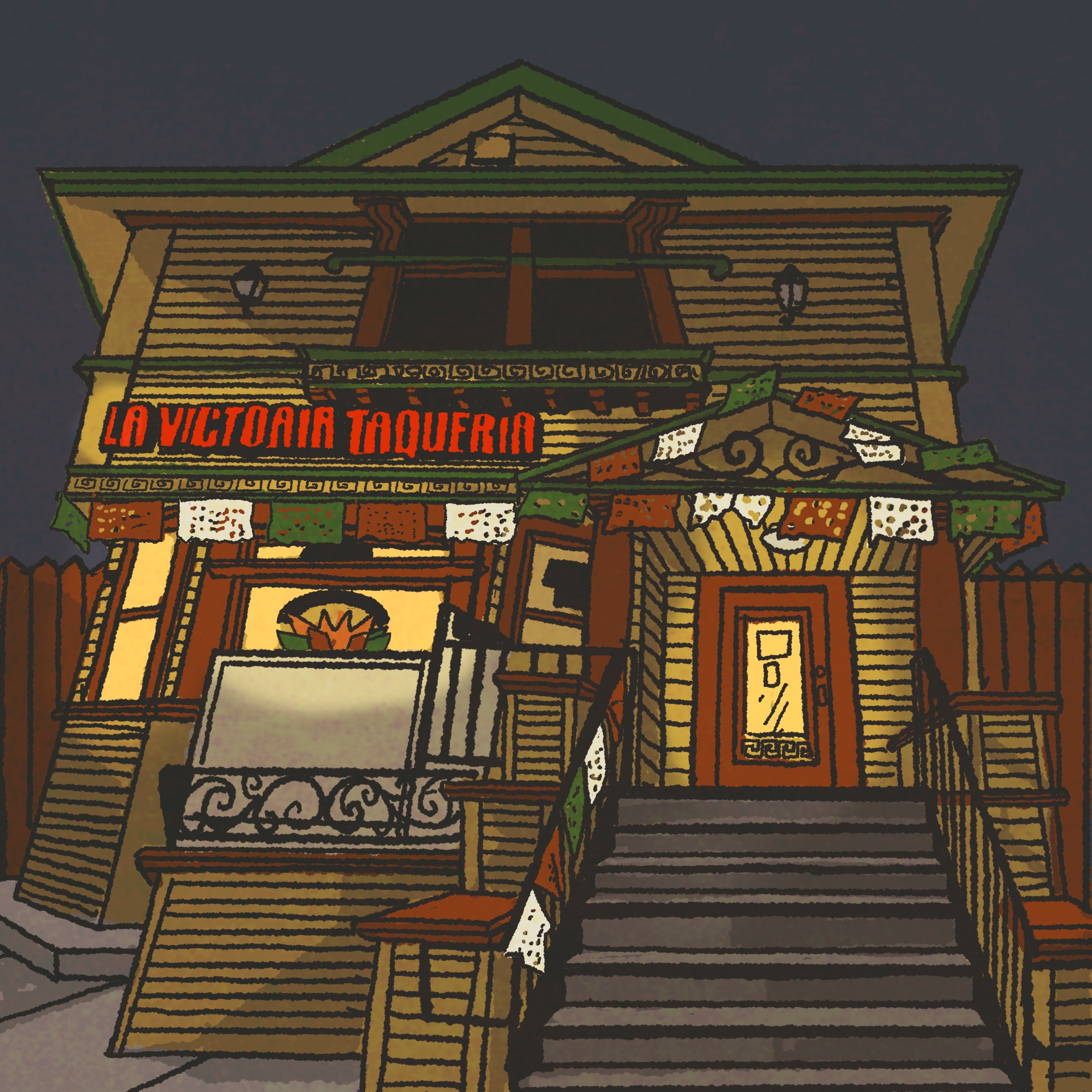 Illustration: Exterior of La Victoria Taqueria, in an old Victorian house, lit up at night.