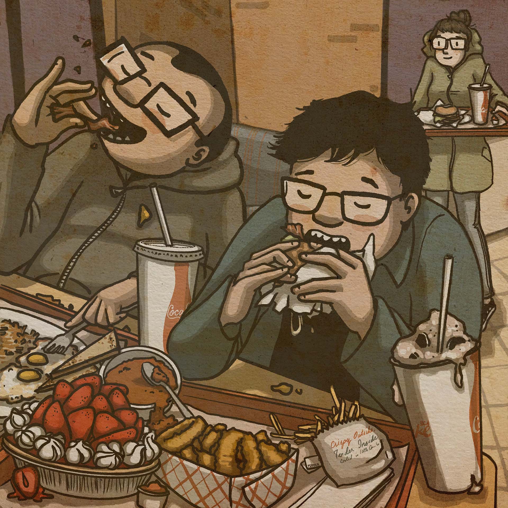 Illustration: Two men eating a spread of diner food (burger, onion rings, bacon, strawberry pie) while a woman approaches the table carrying more food on a tray.