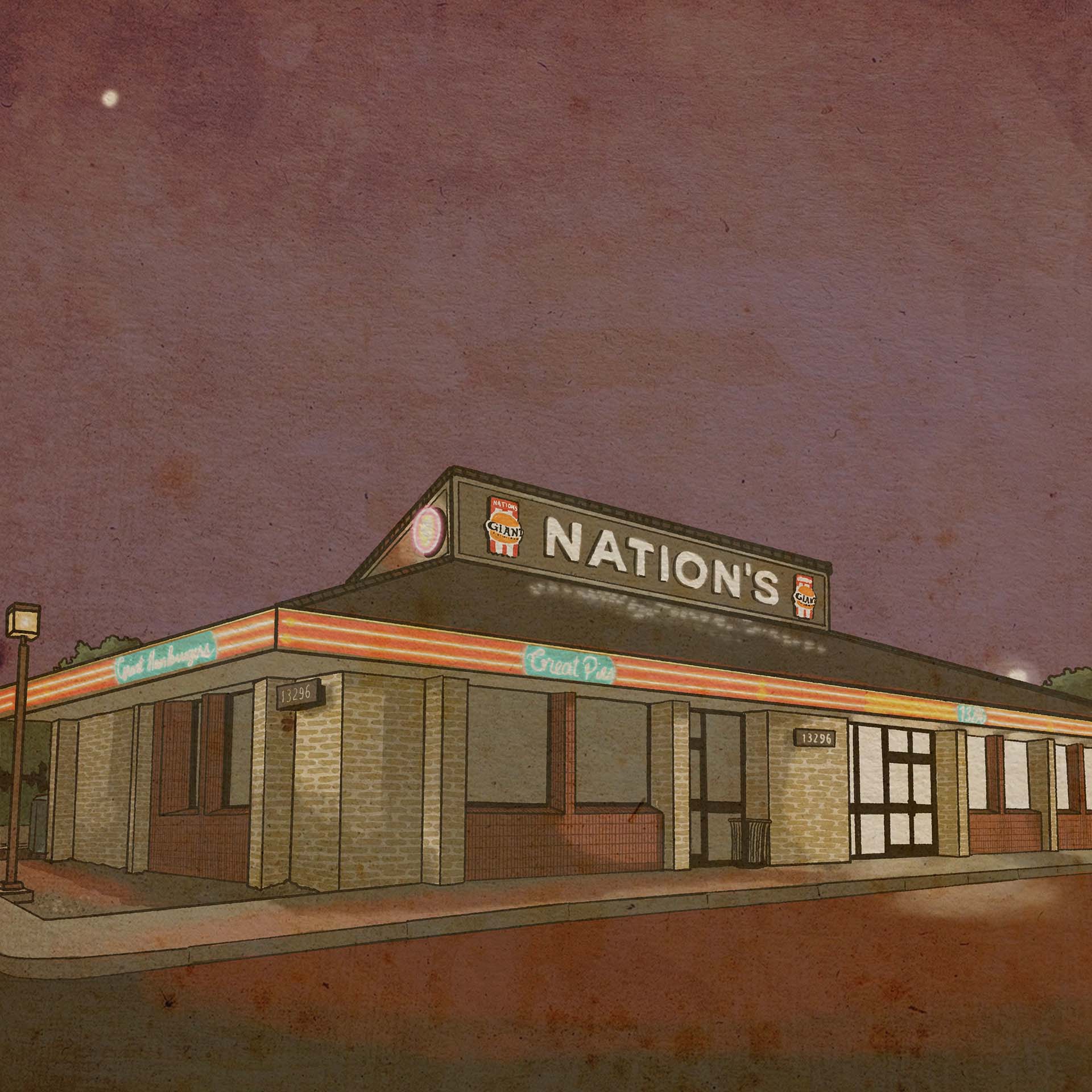 Illustration: The exterior of a Nation's fast food burger restaurant, lit up in neon at night.